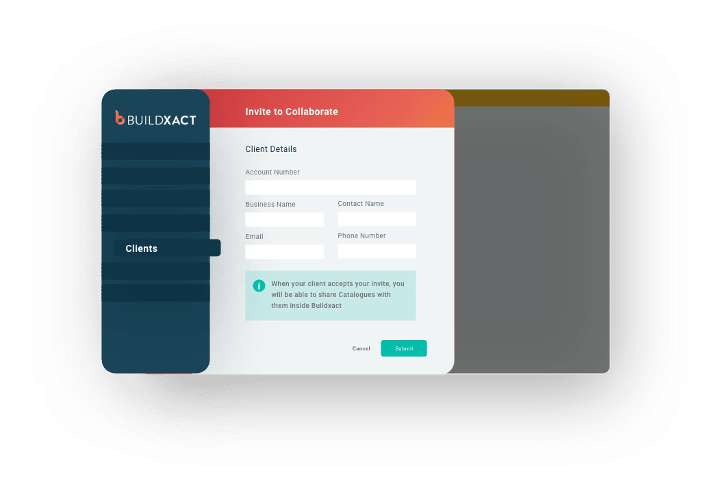 A stylised look at the builder invite screen for suppliers in Buildxact