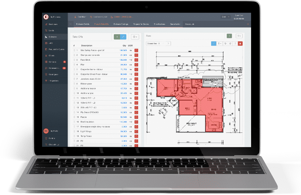 A laptop with the Buildxact completed takeoff screen