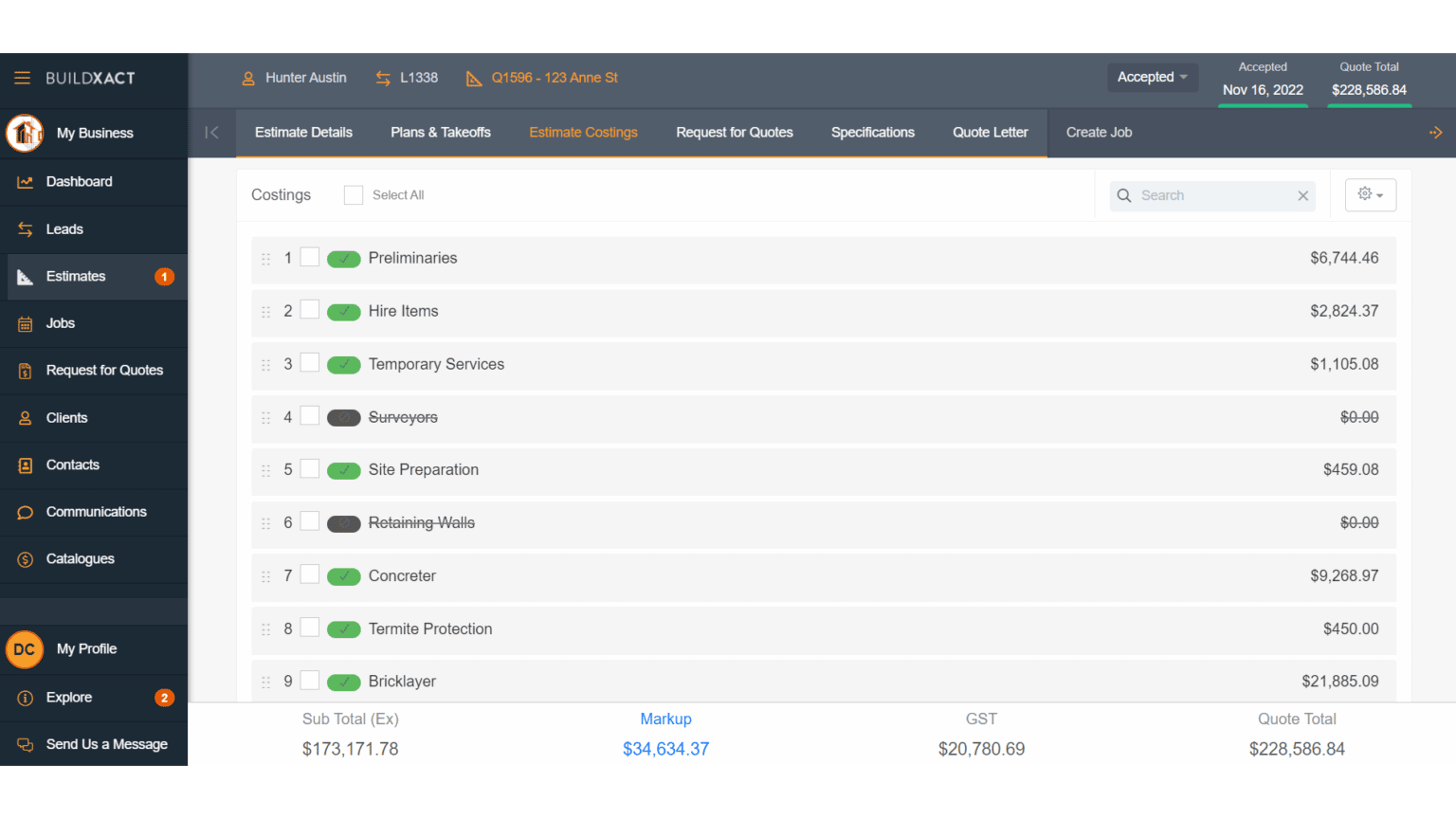 The estimating screen in Buildxact showing estimate costings