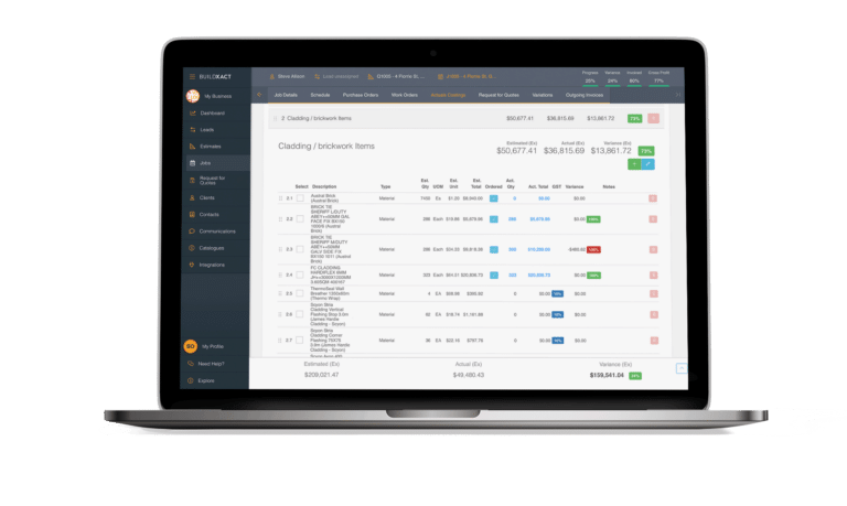 Buildxact's cost tracking category breakdown screen in a laptop