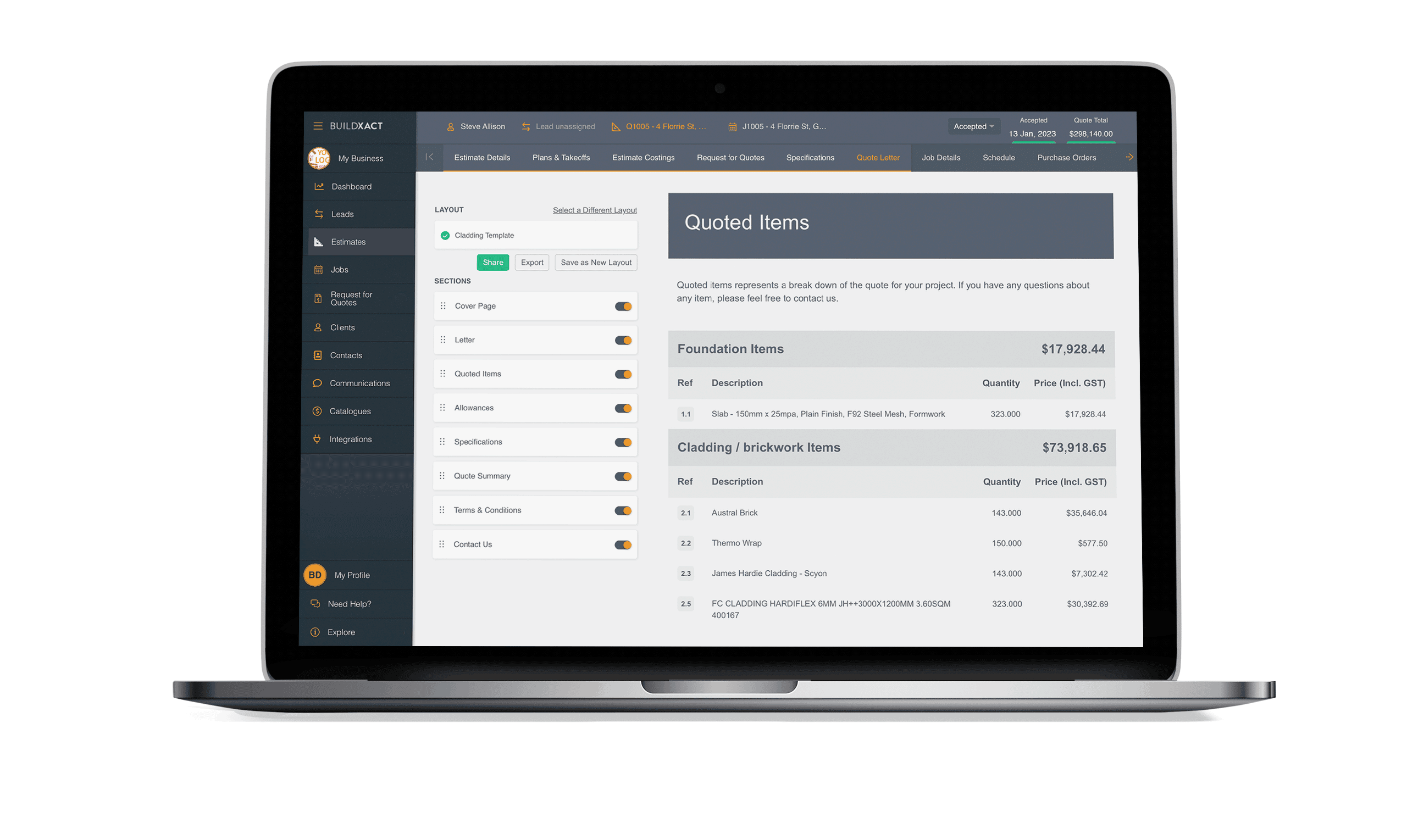The Buildxact quoting feature showing quoted items in a laptop