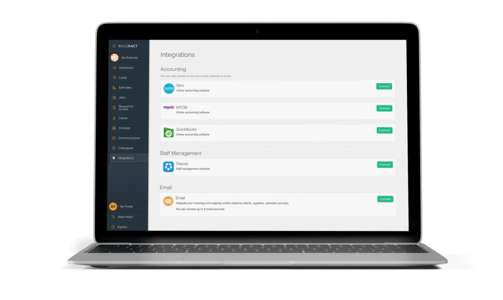 Buildxact accounting integrations in a laptop