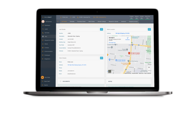The Buildxact Job Details screen in a laptop