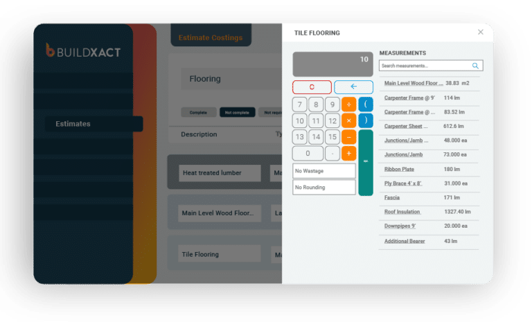 A list of reusable measurements is displayed within Buildxact