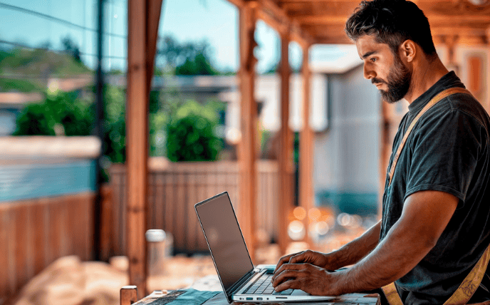 Residential builder working on a laptop on a construction site