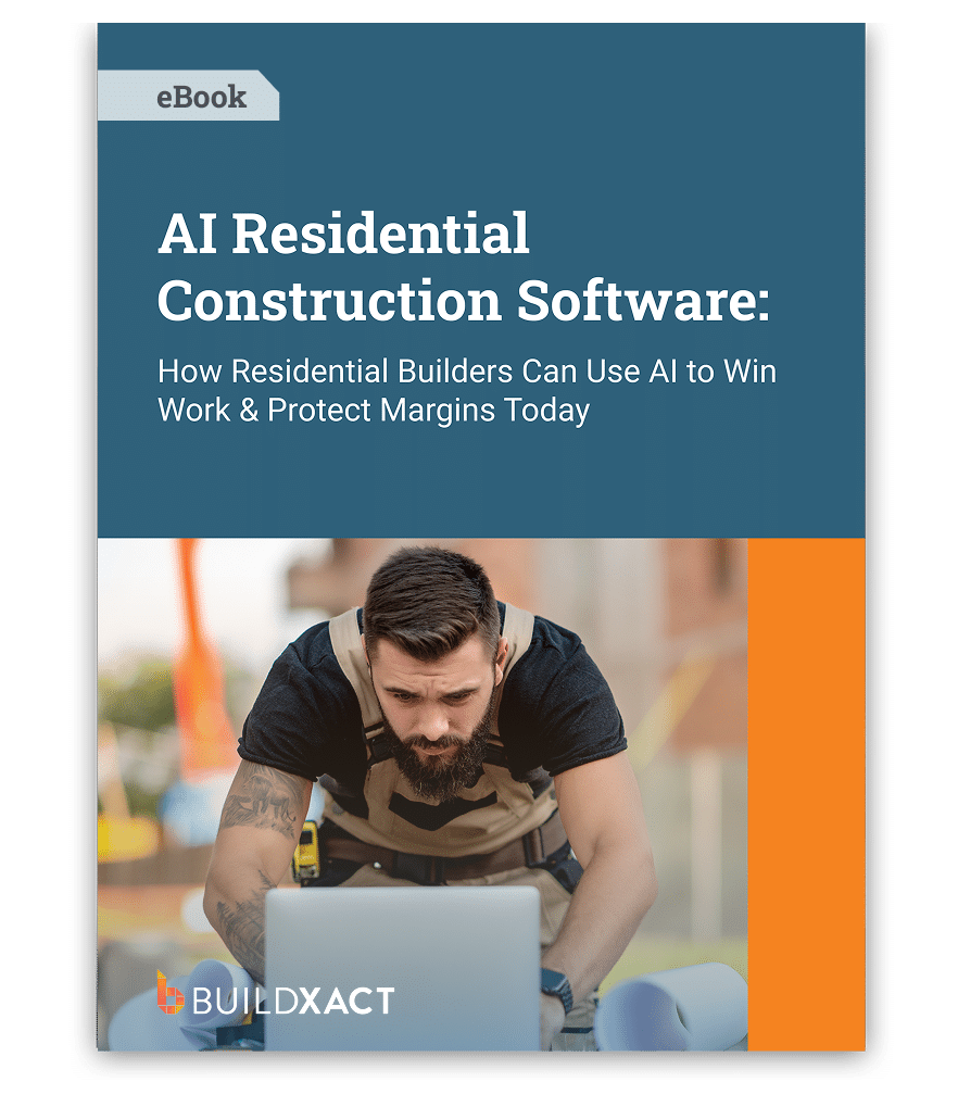 The cover of the eBook AI Residential Construction Software showing a builder working on his laptop from a construction site