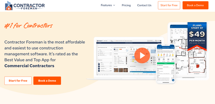 Contractor Foreman homepage showing their "#1 for Contractors" tagline, plans starting at $49 per month, and CTAs for a free trial and demo.