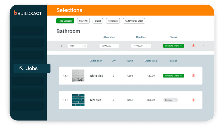 Screenshot of Buildxact’s client selections page showing bathroom tile options, allowances, quantities, quote totals, and status indicators within a job estimate.