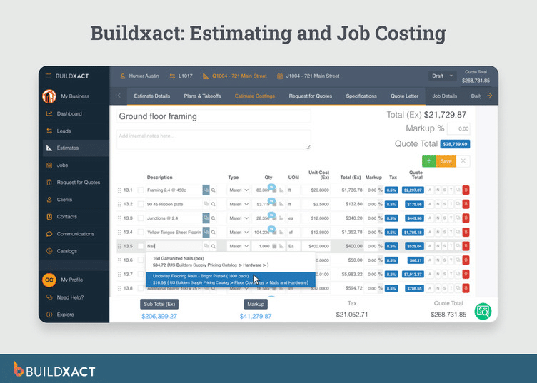 Screenshot of Buildxact showing a ground-floor framing estimate with line items, quantities, markup, tax, and total quote calculations inside the estimating and job costing module.