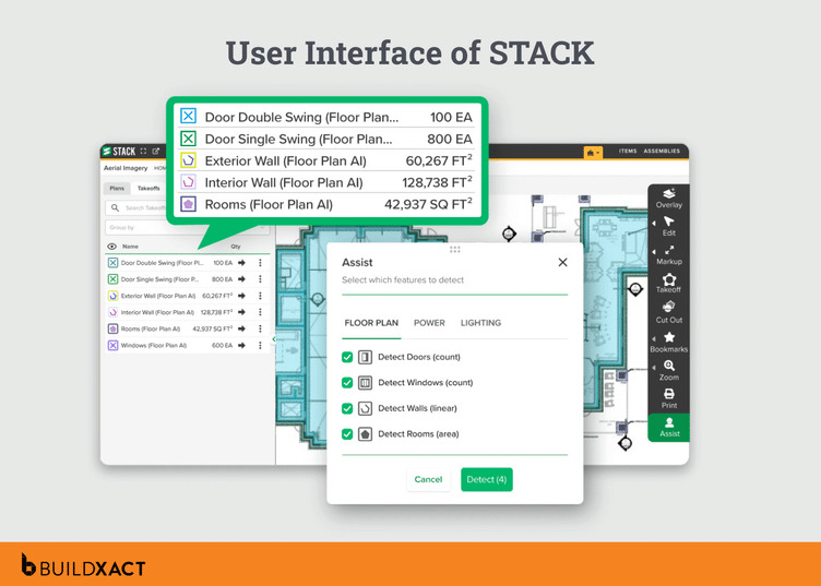 Screenshot of Stack’s cloud-based takeoff software showing AI-assisted detection of doors, windows, walls, and rooms with quantity calculations overlaid on a floor plan.