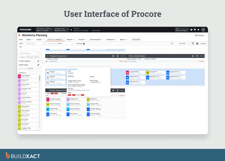 Screenshot of Procore's Workforce Planning dashboard showing the Assignments/Boards view with multiple construction projects, crew member cards with role tags, and a worker detail popup displaying assignment times, address, and group information.