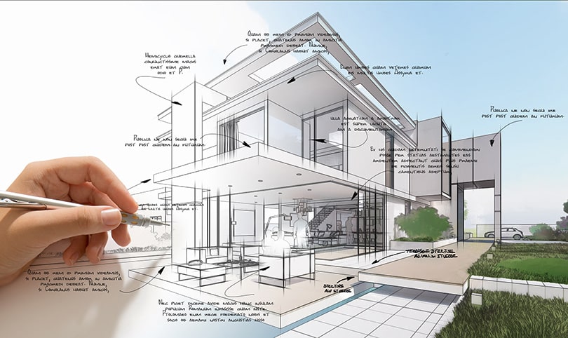 A sketch of a two storey house being drawn into more and more detail from left to right