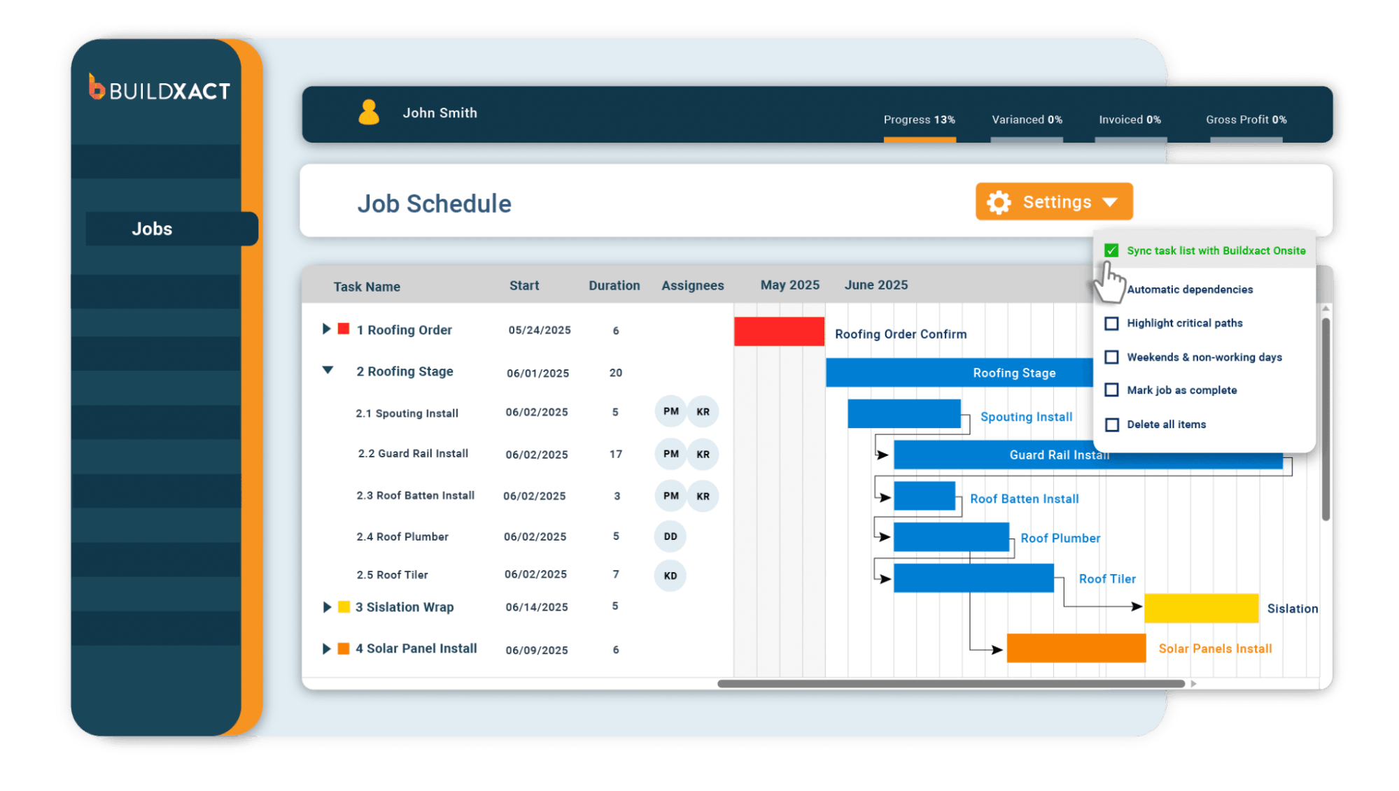 Buildxact job schedule screen displaying a Gantt chart of roofing tasks with timelines, assignees, and progress indicators, alongside a settings dropdown showing options like syncing tasks, automatic dependencies, and highlighting critical paths.