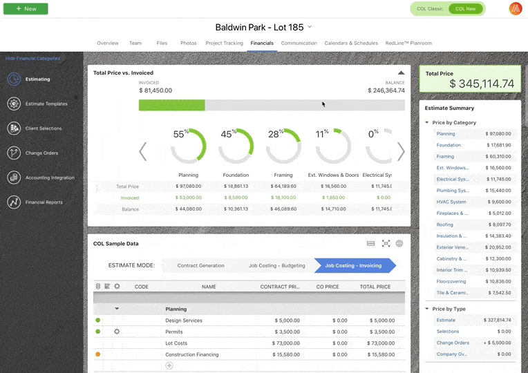 Screenshot of the ConstructionOnline financials view for Baldwin Park - Lot 185, displaying a total project price of $345,114.74, cost category progress rings for planning, foundation, framing, and exterior windows, and a line-item estimate summary with contract price and change order columns in job costing mode