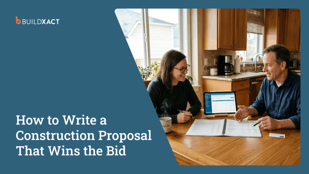 A residential builder presenting a printed line-item construction proposal to a homeowner at a kitchen table, with a tablet showing the source estimate in the foreground.