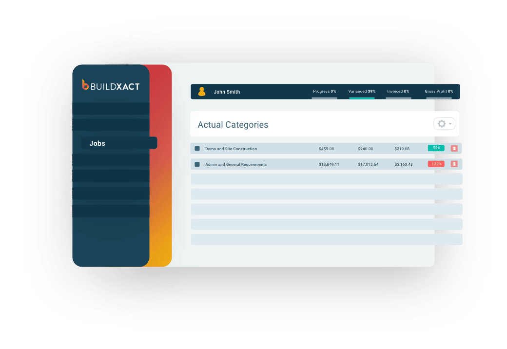 A stylized look at the financial categories section of Buildxact