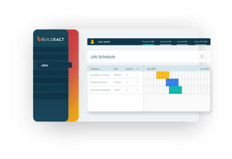 A stylized version of the Buildxact job scheduling screen