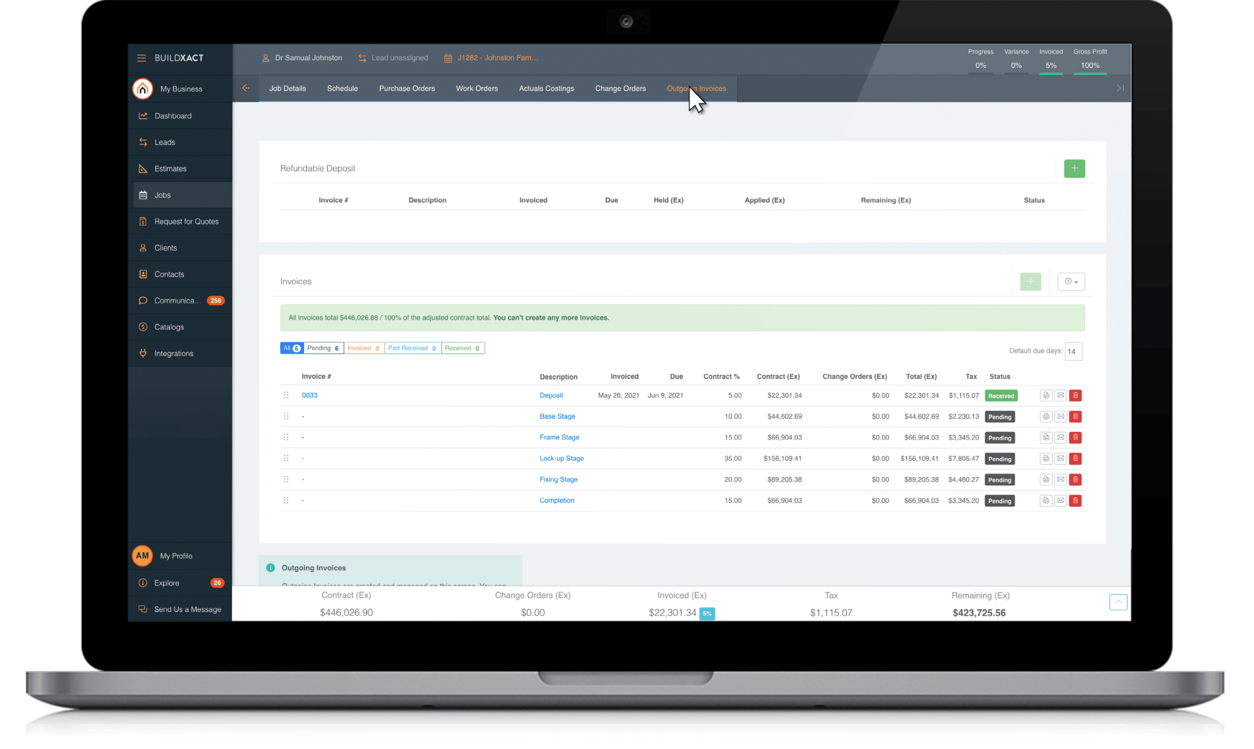 A look at the Buildxact invoices screen in a Macbook