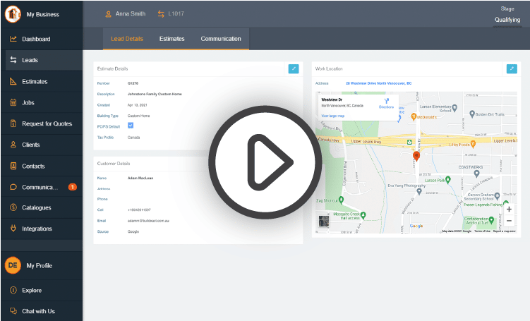 A thumbnail of the Buildxact job management screen with a play button