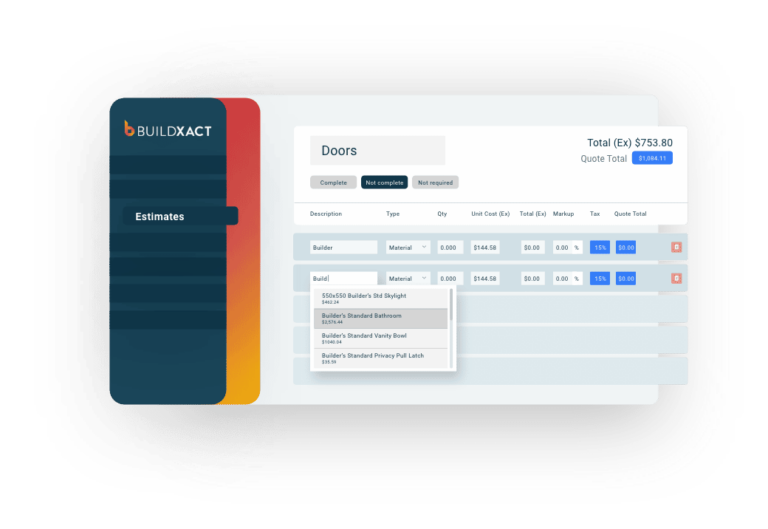 A concept of the Buildxact estimate tool showing real-time pricing