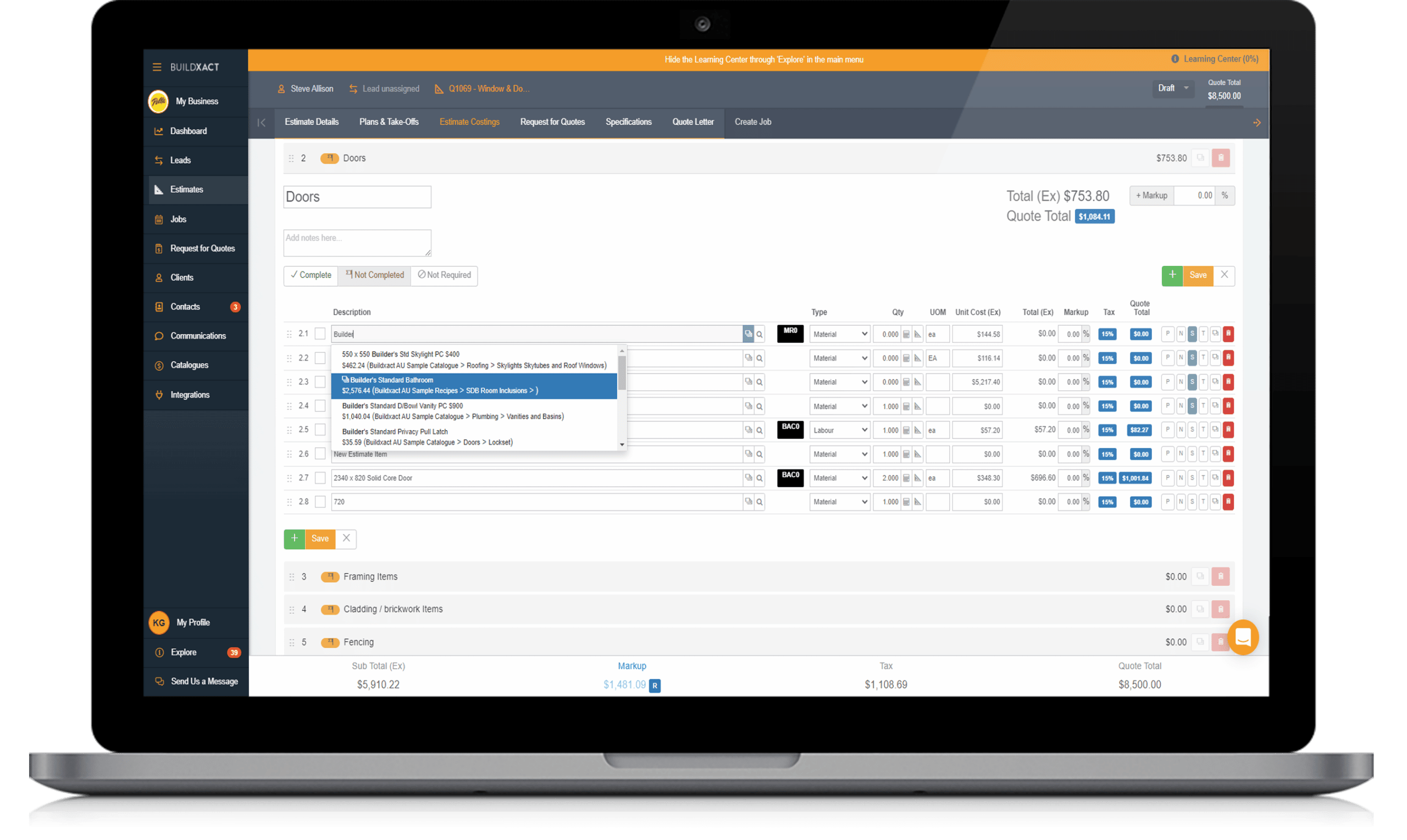 The Buildxact estimating feature with pricelist and recipe in a laptop screen