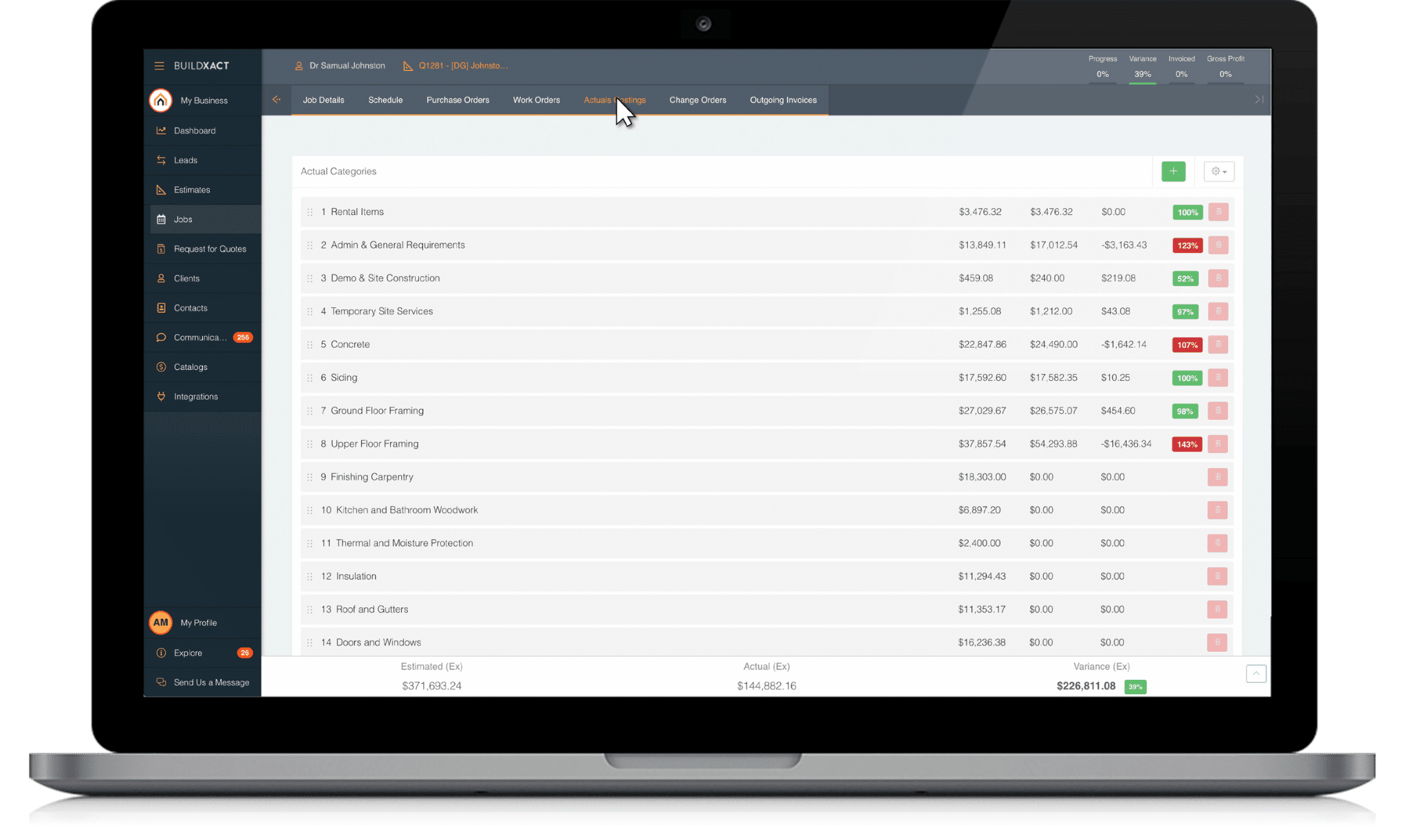 A look at the cost tracking categories screen in a laptop