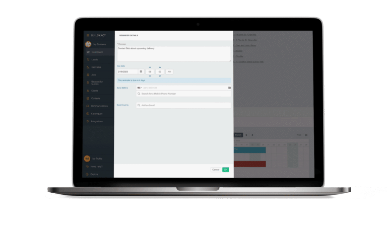 The Buildxact scheduling dashboard screen in a laptop