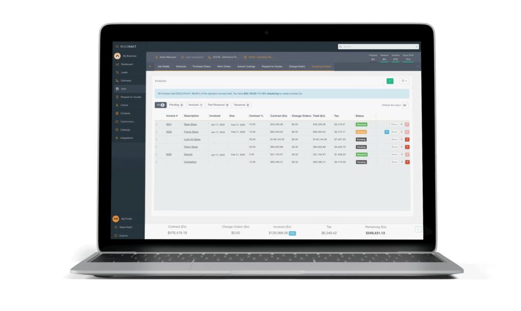 The Buildxact invoicing screen in a laptop