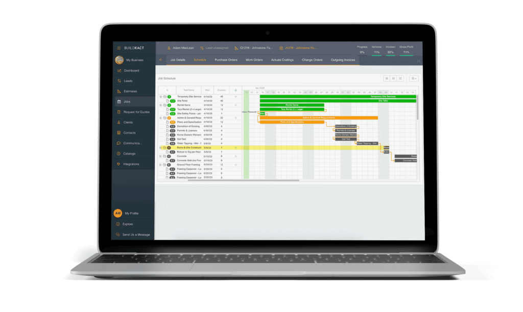 A look at the Buildxact scheduling screen in a laptop