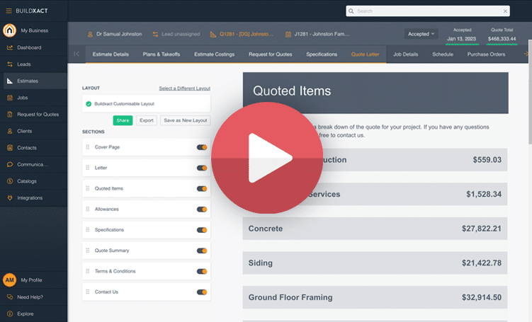 Play image over highlight video for Buildxact's construction bidding software