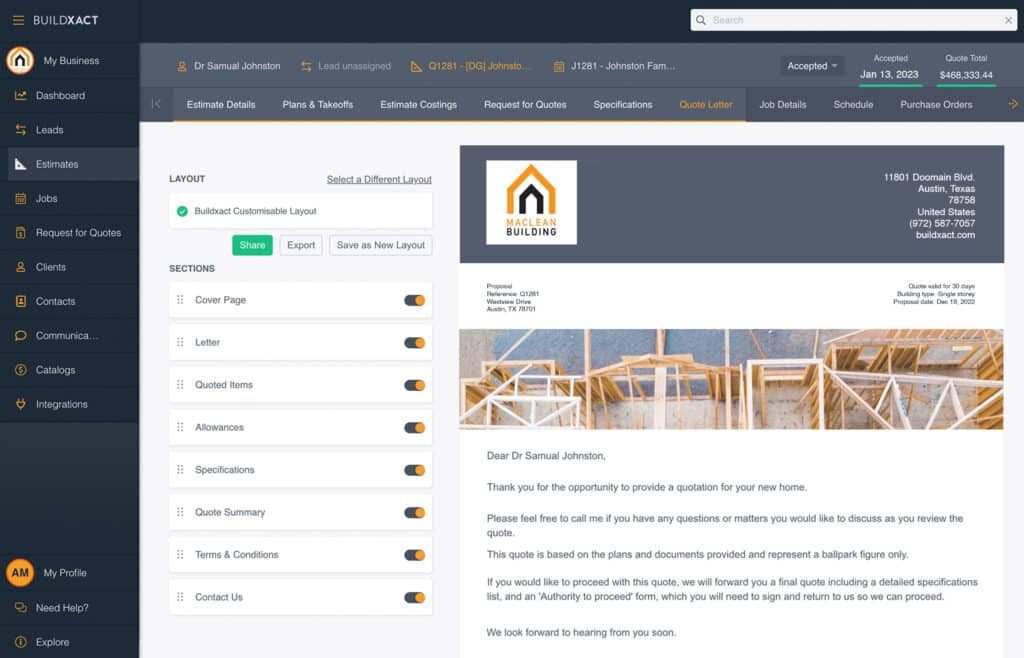 A screenshot of a custom quote letter built using Buildxact.