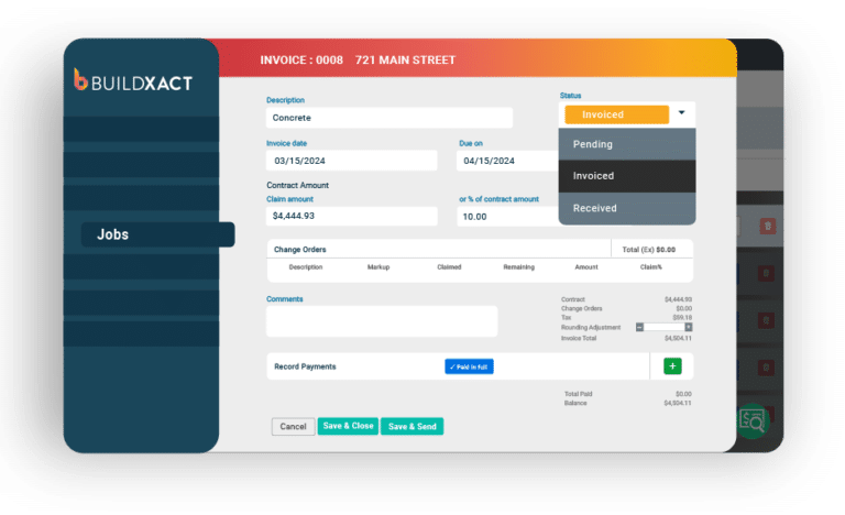 A customer invoice is displayed in Buildxact