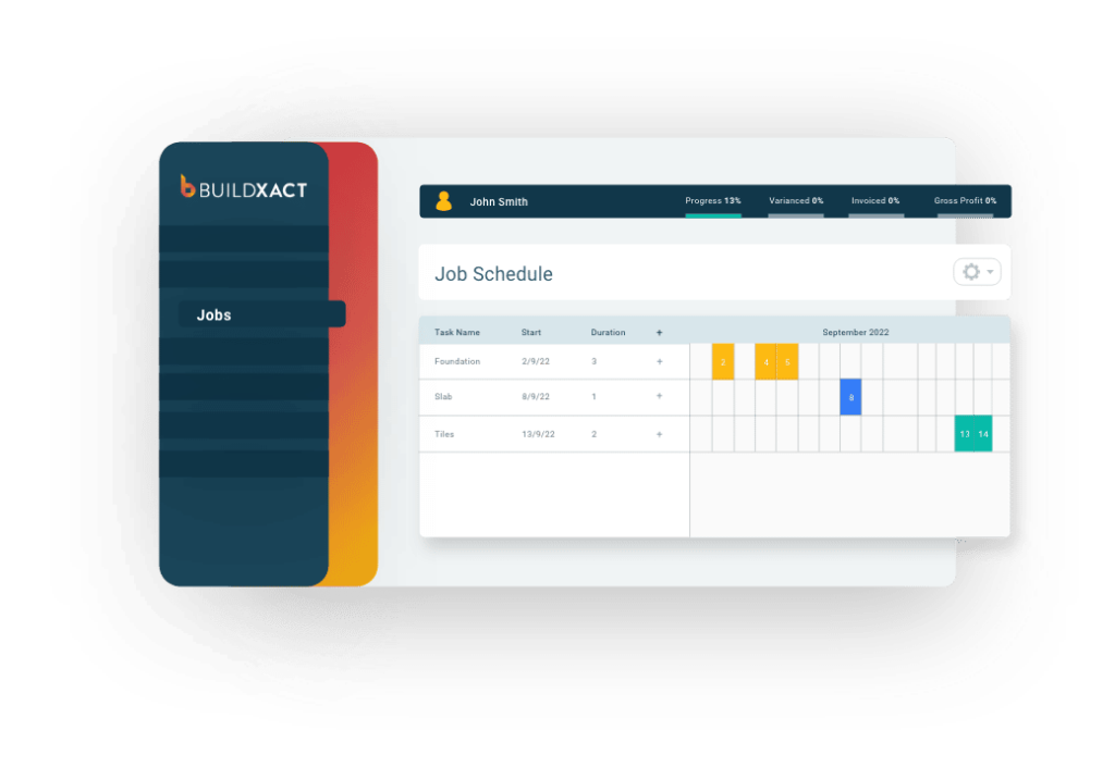 A representation of a project schedule tool in Buildxact.