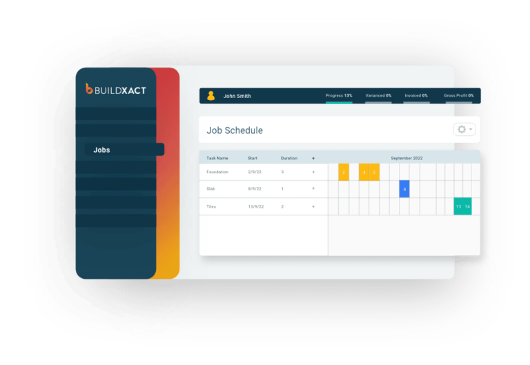 A representation of a project schedule tool in Buildxact.