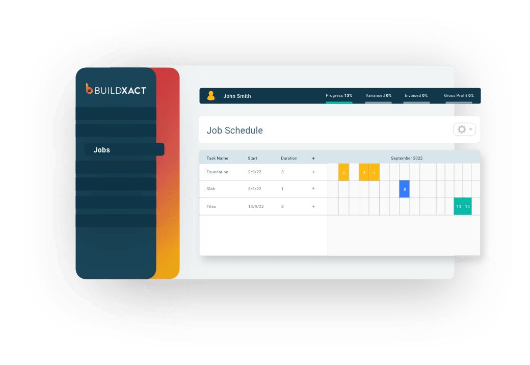 A representation of a project schedule tool in Buildxact.