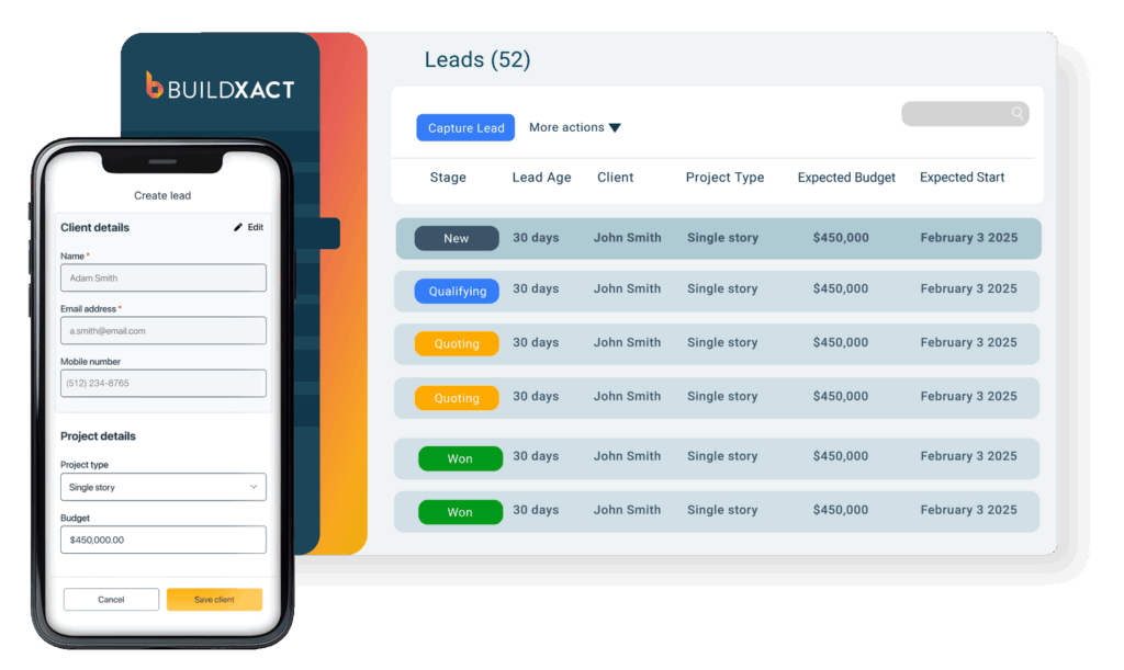 A conceptual image showing how Buildxact lead management works with a mobile app