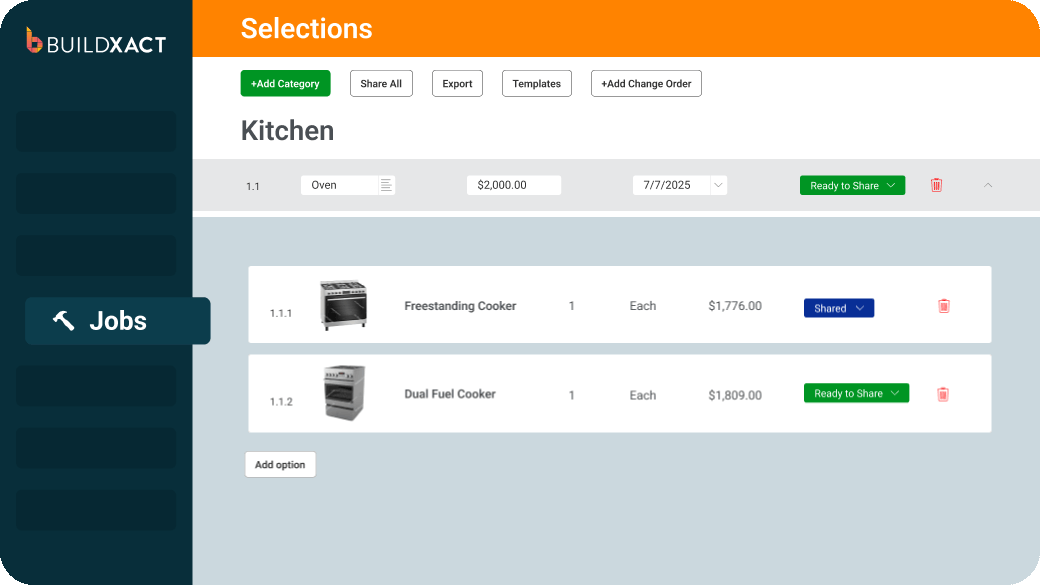 conceptual animation showing Buildxact's Client Selections feature in the Client Portal