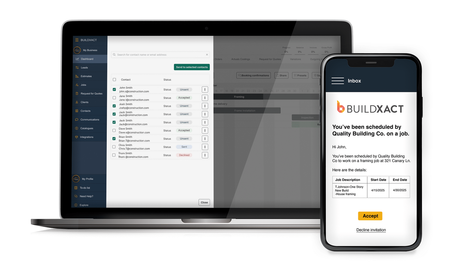 An image showing how task lists are shared between Buildxact and Buildxact’s mobile app, Onsite