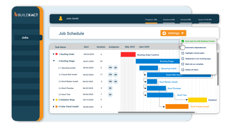 Job schedule view in the Buildxact platform.