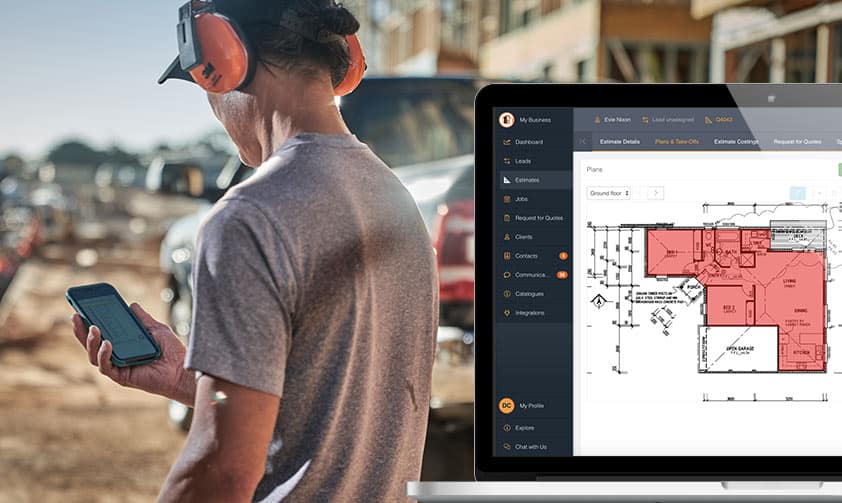 Builder using the Buildxact mobile app at a job site with a screenshot of the Buildxact software on the right.