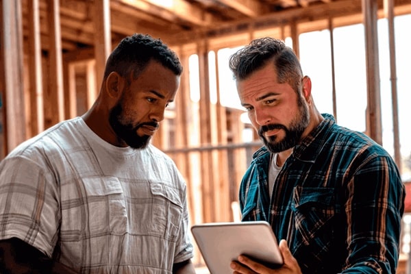 Two builders looking at a tablet on a residential construction site