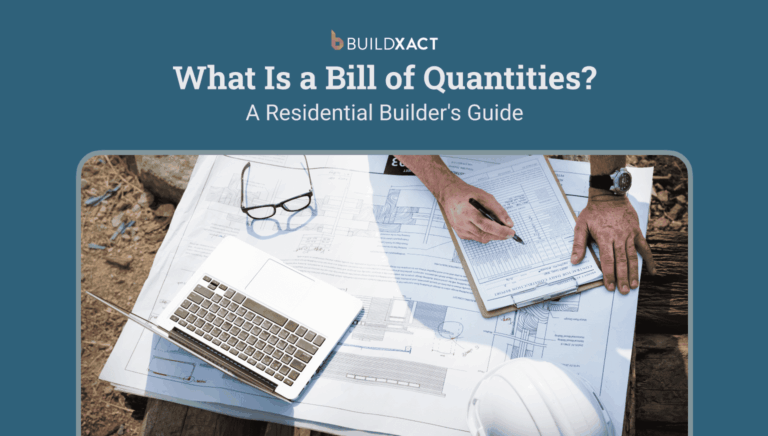 Residential builder reviewing a bill of quantities spreadsheet with construction plans on a desk