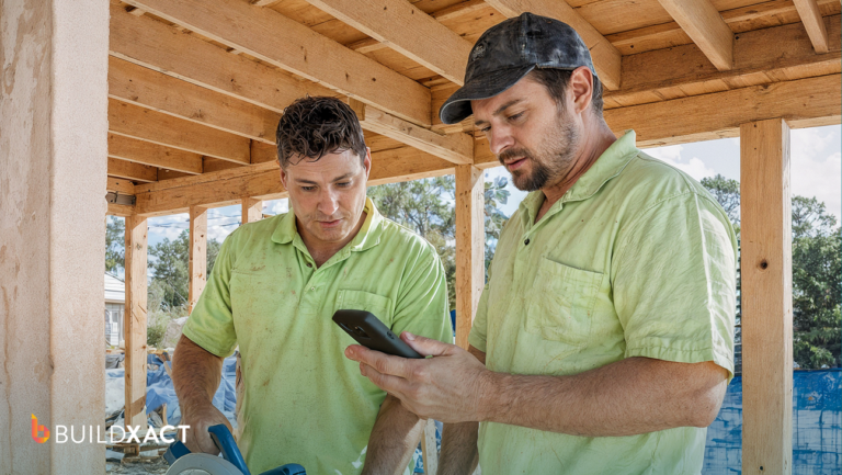 Residential builder reviewing a purchase order on a tablet at an active job site with materials being delivered in the background