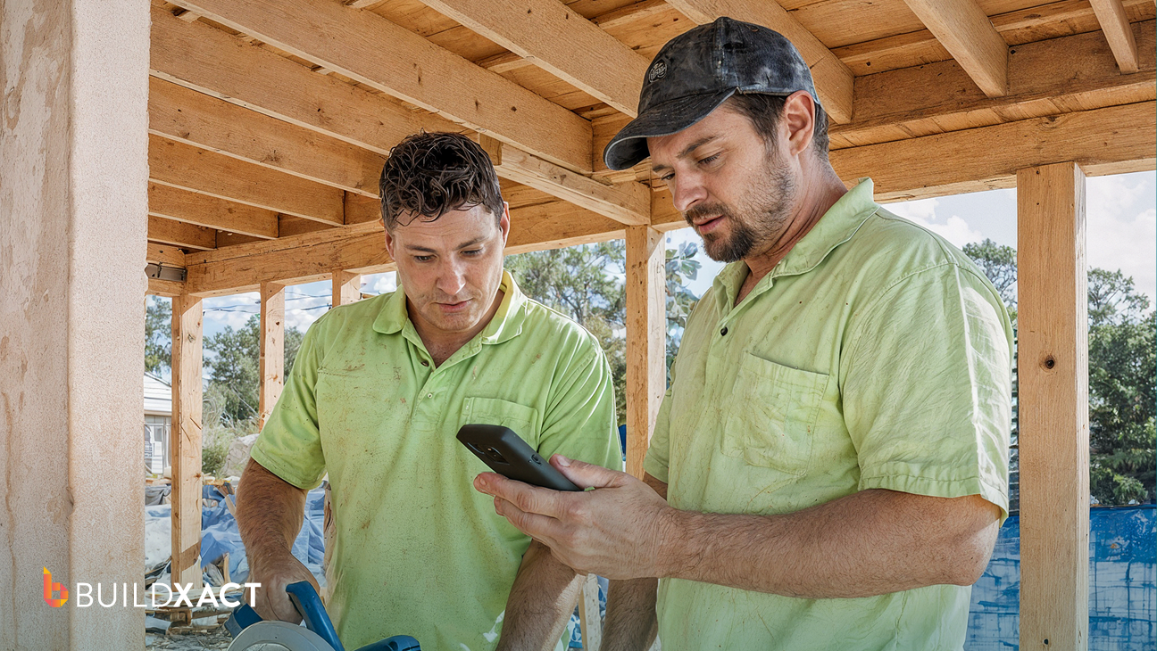 Residential builder reviewing a purchase order on a tablet at an active job site with materials being delivered in the background